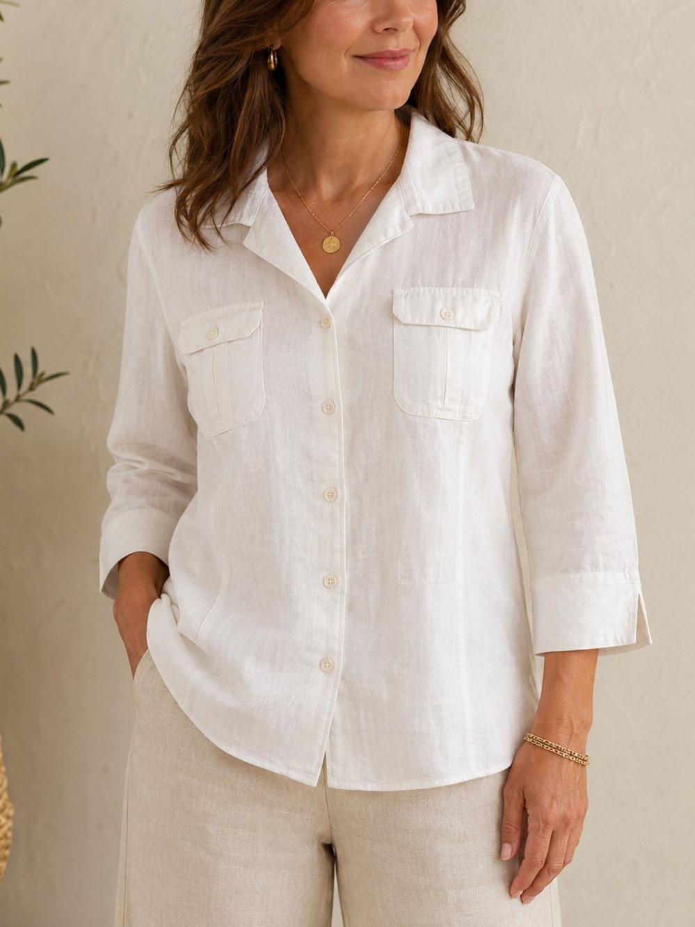 Tailored White Linen Blend Quiet Luxury Coastal Button Blouse